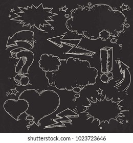 set icons of think bubble, talk bubble, drawing doodle, lightning and arrow