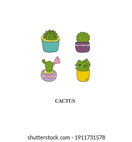 Set of icons. Thorny, green cacti in flower pots. Set for your design. Vector illustration
