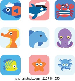 Set icons and three concepts funny ocean animals colorful backgrounds  A fish and paper cap  killer whale and captain's hat  crab and sailor's shirt  Seahorse  dolphin  octopus
