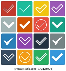 Set of icons, ticks, check marks. Flat design. Vector illustration