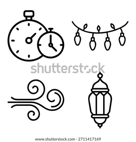 Set of Icons for Time, Design, and Production: Wristwatch Timepiece, Decorative Square Frame, Dotted Outline Template, and Triple Spotlight on Tripod