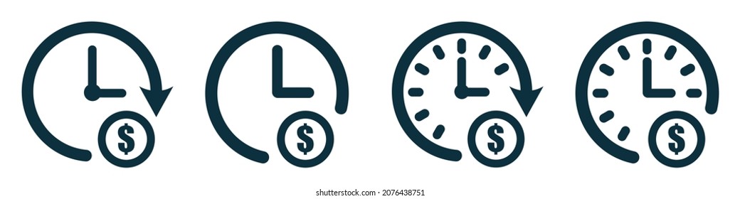 Set of icons time is money. Clock with dollar, sign. Vector illustration.