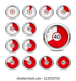 Set of icons of timers on a white background. Red indicator. EPS-10. Used mesh gradient and transparency.
