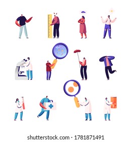 Set of Icons Tiny Male and Female Characters Optimist and Pessimist, Man with Huge Ruler, Scientist Look in Microscope, Doctor with Toolbox, Pills and Glass Flask. Cartoon People Vector Illustration