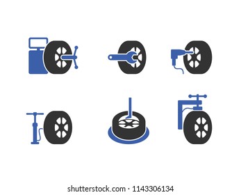 Set of icons - tire fitting services and equipment