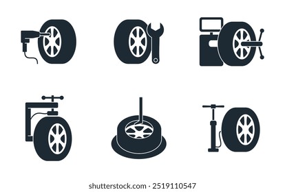 Conjunto de ícones - serviços de montagem de pneus e equipamentos. Pictogramas em estilo monocromático