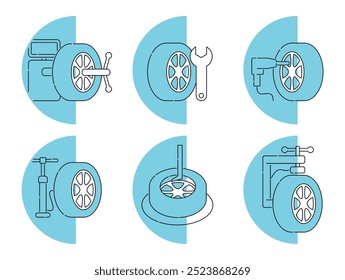 Conjunto de iconos: servicios y equipos de montaje de neumáticos. Pictogramas en Formas de línea delgada y semicírculo