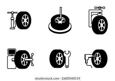 Set of icons - tire fitting services and equipment. Pictograms in monochrome style