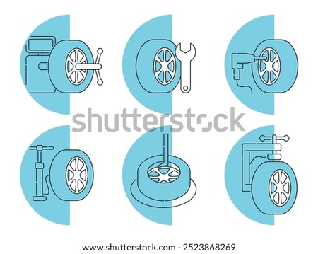 Set of icons - tire fitting services and equipment. Pictograms in thin line and semicircle shapes