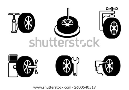 Set of icons - tire fitting services and equipment. Pictograms in monochrome style