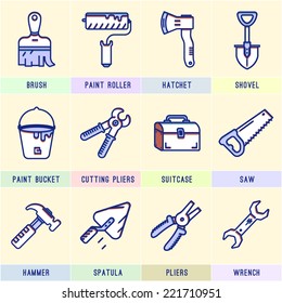 Set of icons with tools. Hammer, suitcase, saw, hacksaw, pliers, paint bucket, brush, roller, wrench, shovel, axe, spatula,cutting pliers.Repair.