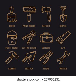 Set of icons with tools. Hammer, suitcase, saw, hacksaw, pliers, paint bucket, brush, roller, wrench, shovel, axe, spatula,cutting pliers.Repair.