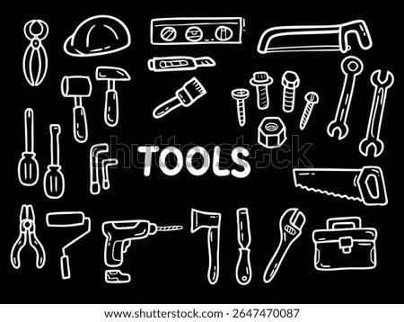 Set of icons with Tools theme. With doodle style. For layout, website, graphic design