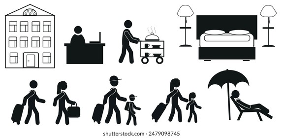 Set von Icons für Touristen und Reisen, Tourismus-Ikone, Urlaub am Meer, flache Illustration, Menschen, Geschäft, Piktogramm