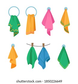 Set of Icons Towels Hanging on Hook, Ring and Rope. Colorful Stylish Bath and Kitchen Fabric, Folded Cloth or Fluffy Textile for Wiping. Clean and Home Decoration Concept. Cartoon Vector Illustration