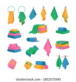 Set of Icons Towels Hanging on Hook, Ring and Rope, Stacked in Piles. Bath and Kitchen Fabric, Folded Cloth or Fluffy Textile for Wiping. Clean and Home Decoration Concept. Cartoon Vector Illustration