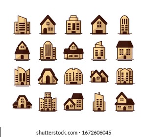 set of icons of towers of apartment, office building and house on white background vector illustration design
