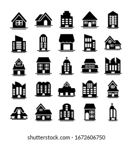 set of icons of towers of apartment, office building and house , silhouette style icon vector illustration design