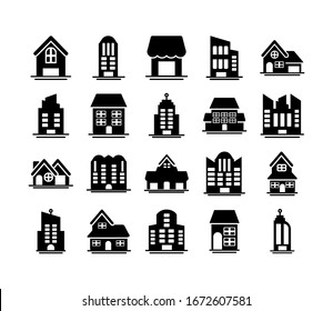 set of icons of towers of apartment, office building and house , silhouette style icon vector illustration design