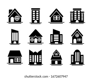 Set Of Icons Of Towers Of Apartment, Office Building And House , Silhouette Style Icon Vector Illustration Design