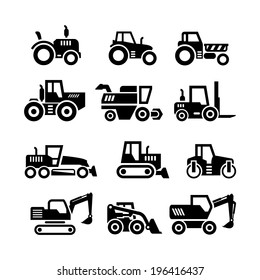 Set icons of tractors, farm and buildings machines, construction vehicles isolated on white. Vector illustration