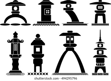 Set of icons of traditional Japanese lanterns made of stone