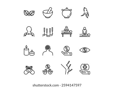 A set of icons for Traditional Medicine. The icons include a cigarette, acupuncture, a sense of acupuncture, ginseng, and a Yin Yang circle. Editable stroke. Vector illustration.