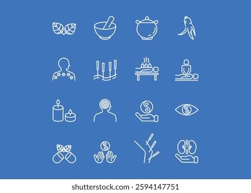 A set of icons for Traditional Medicine. The icons include a cigarette, acupuncture, a sense of acupuncture, ginseng, and a Yin Yang circle. Editable stroke. Vector illustration.