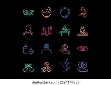 A set of icons for Traditional Medicine. The icons include a cigarette, acupuncture, a sense of acupuncture, ginseng, and a Yin Yang circle. Editable stroke. Vector illustration.