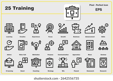 Set of icons Training, learning, creative, experience, focus, growth, business, advancement, skills, advice, video call, motivation, purpose, very high quality