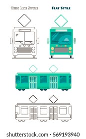 Set of icons of trams in flat and thin line styles. Vector illustrations of public transport.