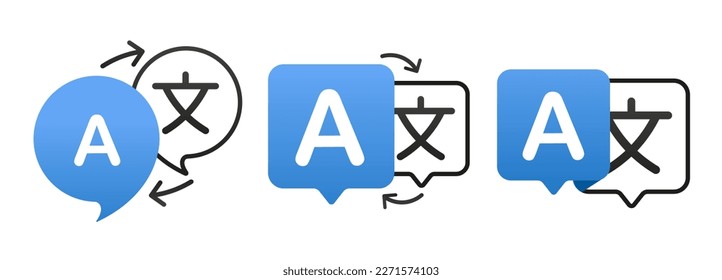 Set of icons for translator application. Chat bubbles with language translation icons in different styles. Language translation sign. Dictionary. For mobile app. Vector illustration