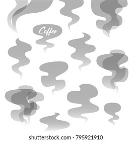 Set of Icons of Transparent Smoking Elements on White. Vector Iillustration. Design for Backgrounds, Fog, Motion Effect, Clouds, Smoke, Vapor. 