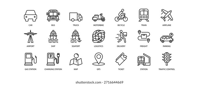 Conjunto de iconos para el transporte. Trazo editable. Ilustración vectorial