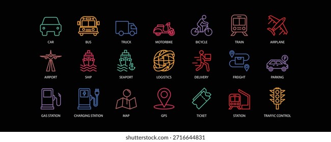 Set of icons for transport. Editable stroke. Vector illustration