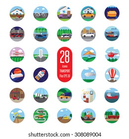 Set of icons of transport equipment. It consists of twenty-eight different objects. air, space, road, rail and marine modes of transportation. Also there is construction equipment. Backgrounds story.