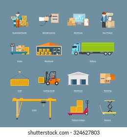 Set of icons transport logistics concept. Warehouse and production, stackers and trolley, scanner barcode, guaranteed and loading, crane and logistic illustration