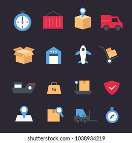 Set of icons transport logistics and shipping concept. Transportation, Warehouse, shipping, protection, package, deadline vector.