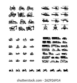 Set icons of transport. Tractors, helicopters, water transport, trucks and motorcycles isolated on white. Vector illustration