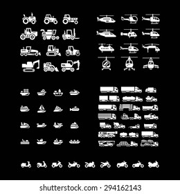 Set icons of transport. Tractors, helicopters, water transport, trucks and motorcycles isolated on black. Vector illustration