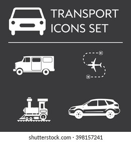 Set of icons with transportation and vehicles: transportation, aircraft, postage, train. Editable vector illustration silhouettes isolated on black background.