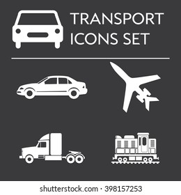 Set of icons with transportation and vehicles:  car, truck , train, aircraft. Editable vector illustration silhouettes isolated on black background.