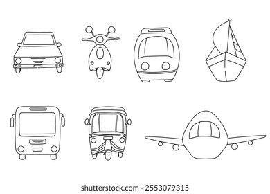 set of icons transportations hand drawn vector illustrations for website, logo, coloring book, iconic. car, motorcycle, train, ship, bus, bajaj, plane