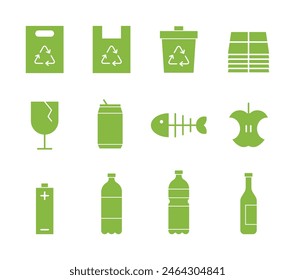 Set of icons for trash, recycling and environment concepts. Trash can, bag, glass, paper, waste paper, can, food, fish, apple, batterie, bottle, plastic bottle, plastic, glass bottle.