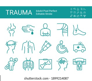 Set of icons of trauma. Editable vector stroke. 64x64 Pixel Perfect.