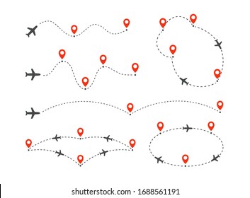 Set icons of travel way by plane. Takeoff and landing of passenger plane. Flight route infographic elements. Flight by airplane, aviation tourism vector isolated illustrations collection