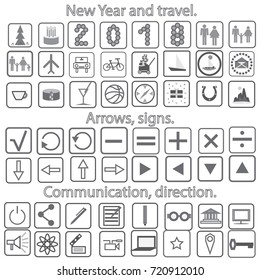 Set icons tree, cake, people, woman, man, child, airplane, car, bicycle, cart, ship, yacht, sea, ocean, cup, cheese, glass, ball, box, horseshoe, mountains, rocks, sun, TV, megaphone, laptop, star.