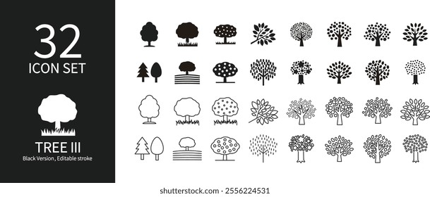Set of icons of trees and forests of various shapes