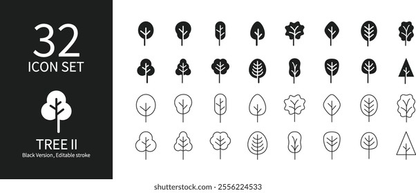 Set of icons of trees and forests of various shapes