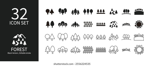 Set of icons of trees and forests of various shapes